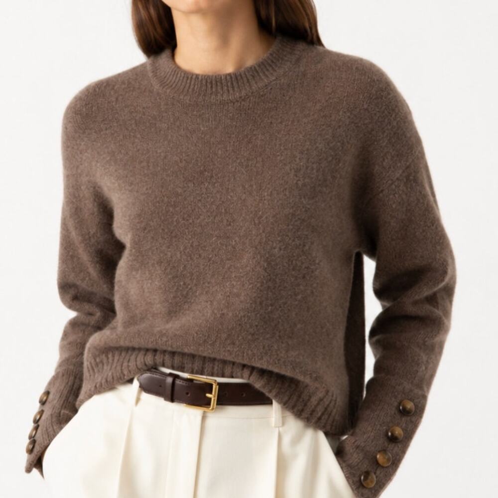 Sézane Dylan Jumper XS Dark Taupe 100% Yak Wool Button Cuff Sweater Old Money